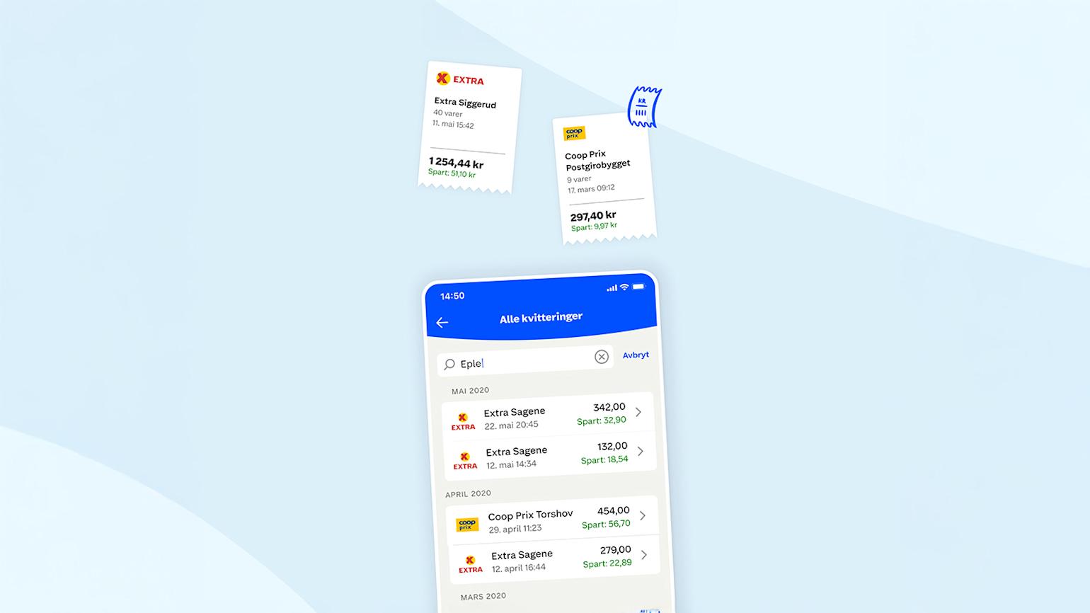Illustrasjon av siste handleturer og kvitteringer i Coop-appen