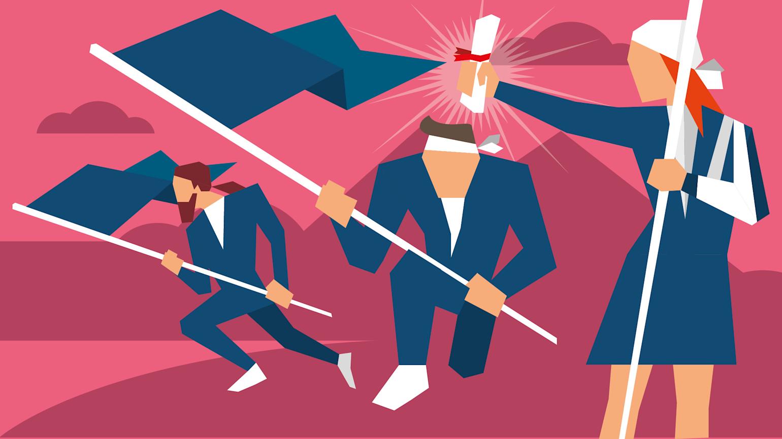 Illustrasjon av tre mennesker med mørkeblå dresser og hvite hodeplagg som holder hver sin mørkeblå banner. En av menneskene holder også en hvit papirrull med rødt bånd rundt. Rosa bakgrunn med fjell og skyer.