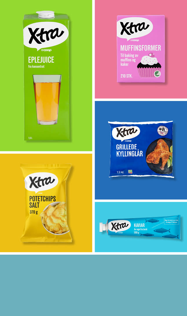 Ulike Xtra-produkter på blå, rosa, tyrkis og grønn bakgrunn