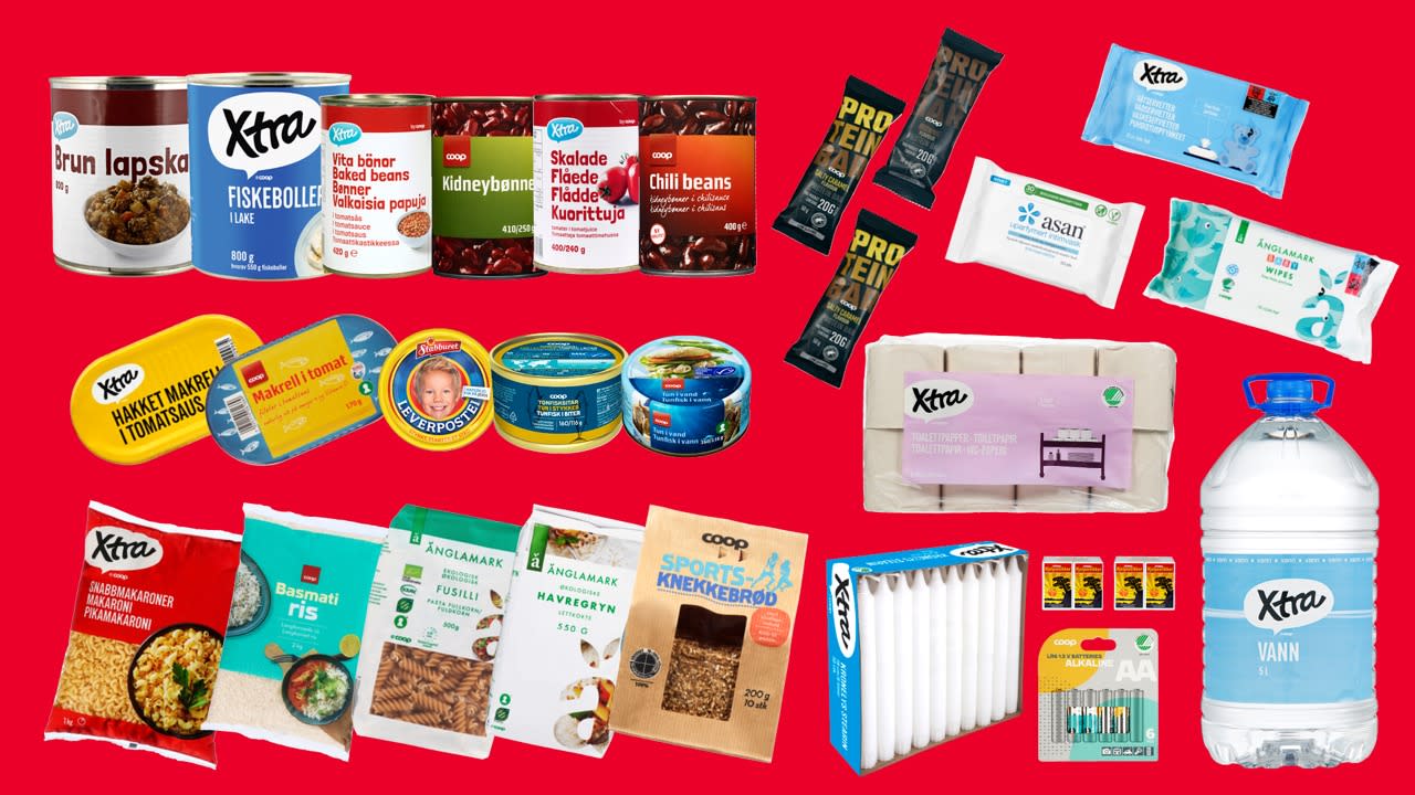 Collage av varer det anbefales å ha i et beredskapslager