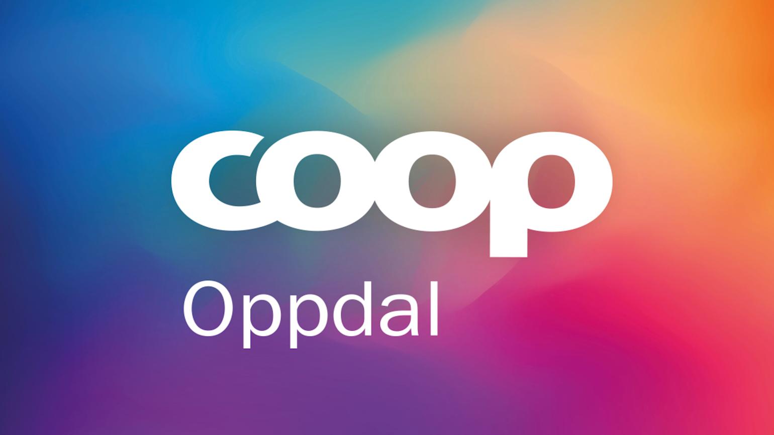 Coop Oppdal i hvit skrift på fargerik bakgrunn.
