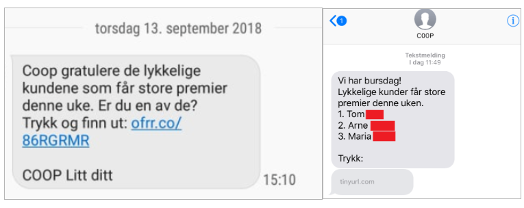 SMS-eksempel på svindelforsøk