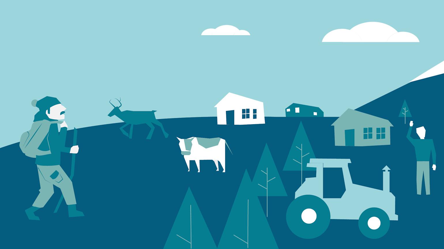 Illustrasjon i blått med en mann med ryggsekk i naturen, med en ku, traktor og hus.