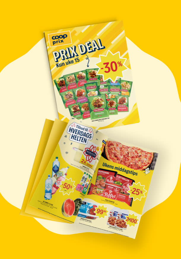 To kundeaviser på gul bakgrunn uke 15