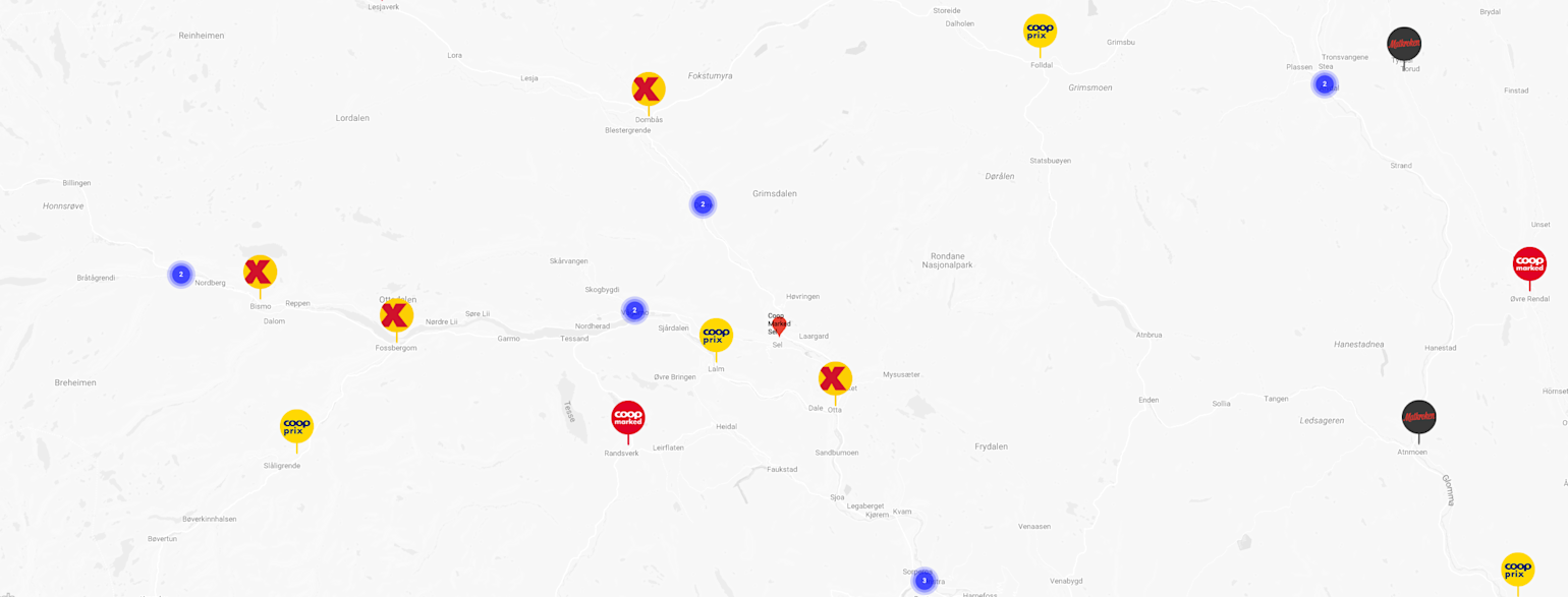 Kart med pins over butikker.