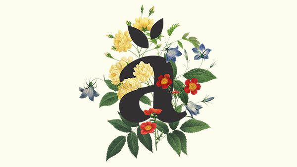 anglamarklogoen med tegnede blomster på gul bakgrunn