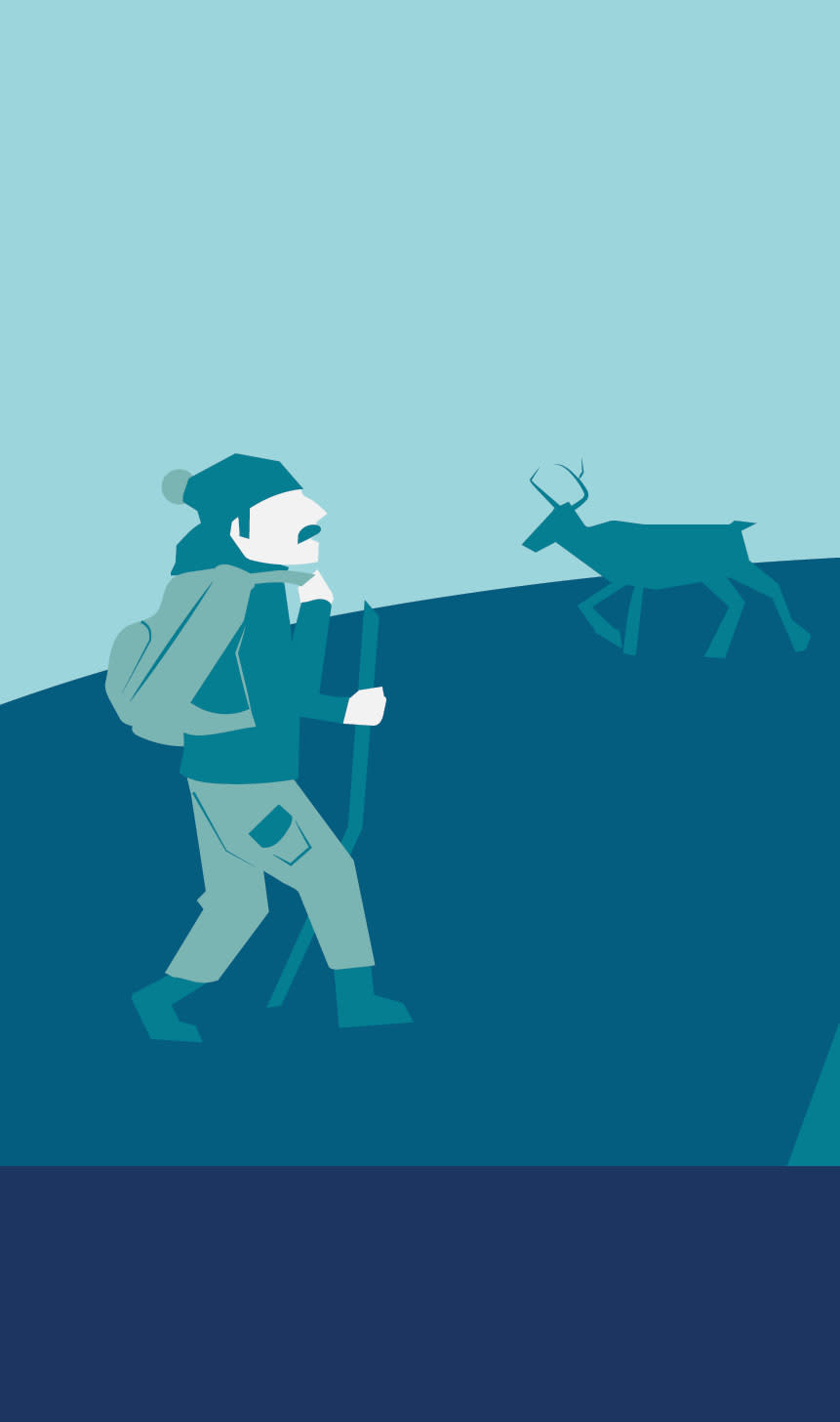 Illustrasjon i blått med traktor, trær og en mann.