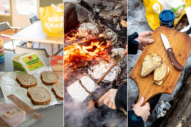Tredelet bilde av toast som forberedes hjemme på kjøkkenbenken, og tilberedes på bål ute på tur.