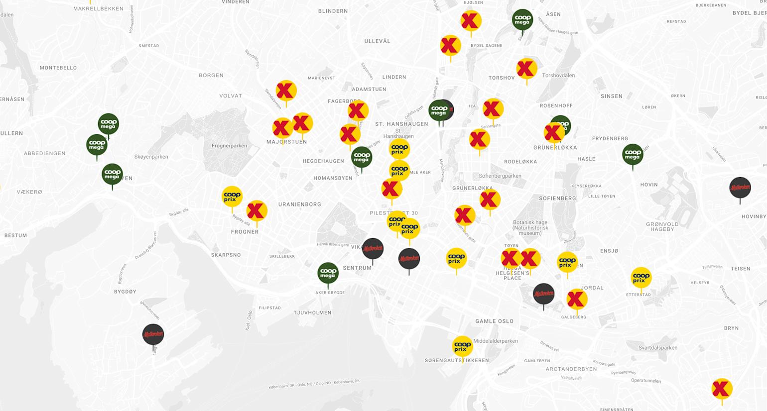 Kart over butikker Økonom
