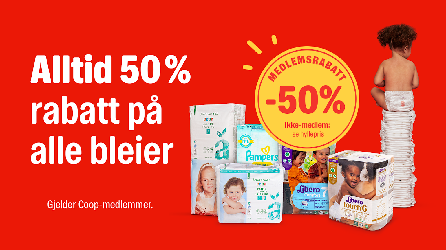 Alltid 50% rabatt på alle bleier