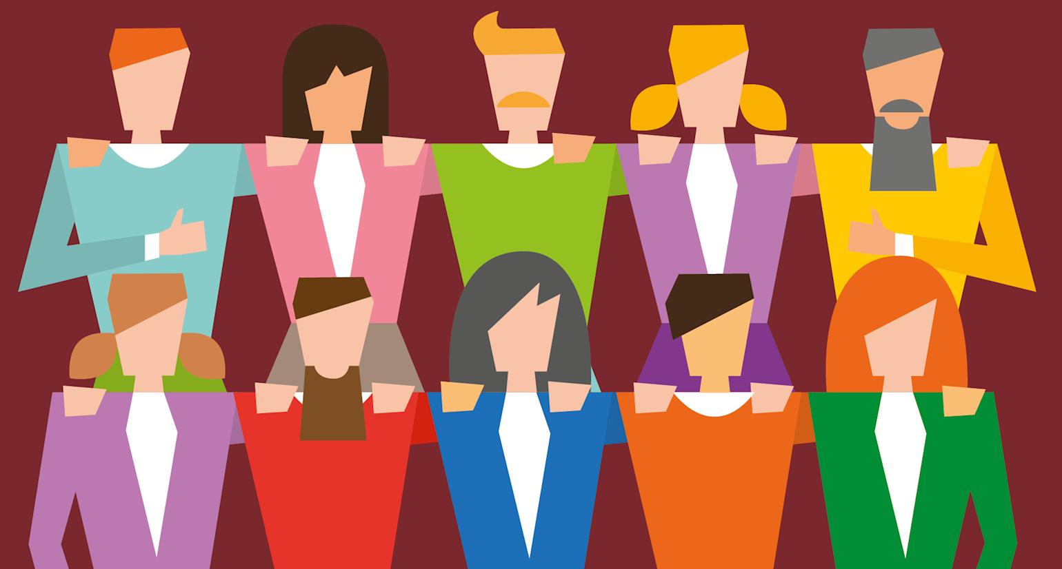 Illustrasjon av flere personer som står sammen.