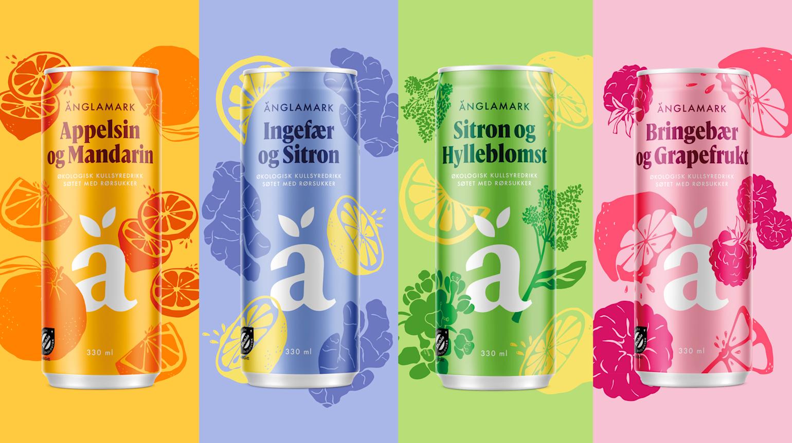 Änglamark drikke i fire forskjellige smaker på illustrert fargerik bakgrunn.