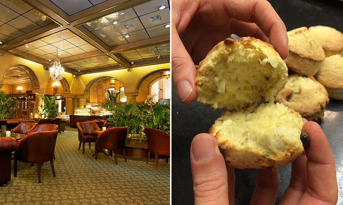 Hotel Bristols perfekte scones presentert i todelt bilde. Spisesalen i Hotel Bristol til venstre, og to hender som drar fra hverandre en scone på høyre side.