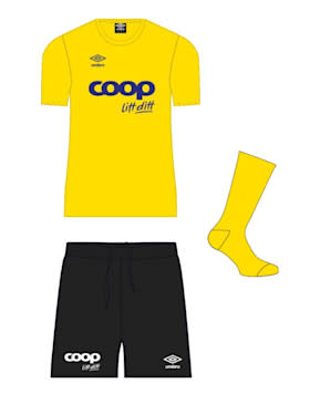 Draktkampanjen - Gul skjorte, sort shorts, gule sokker