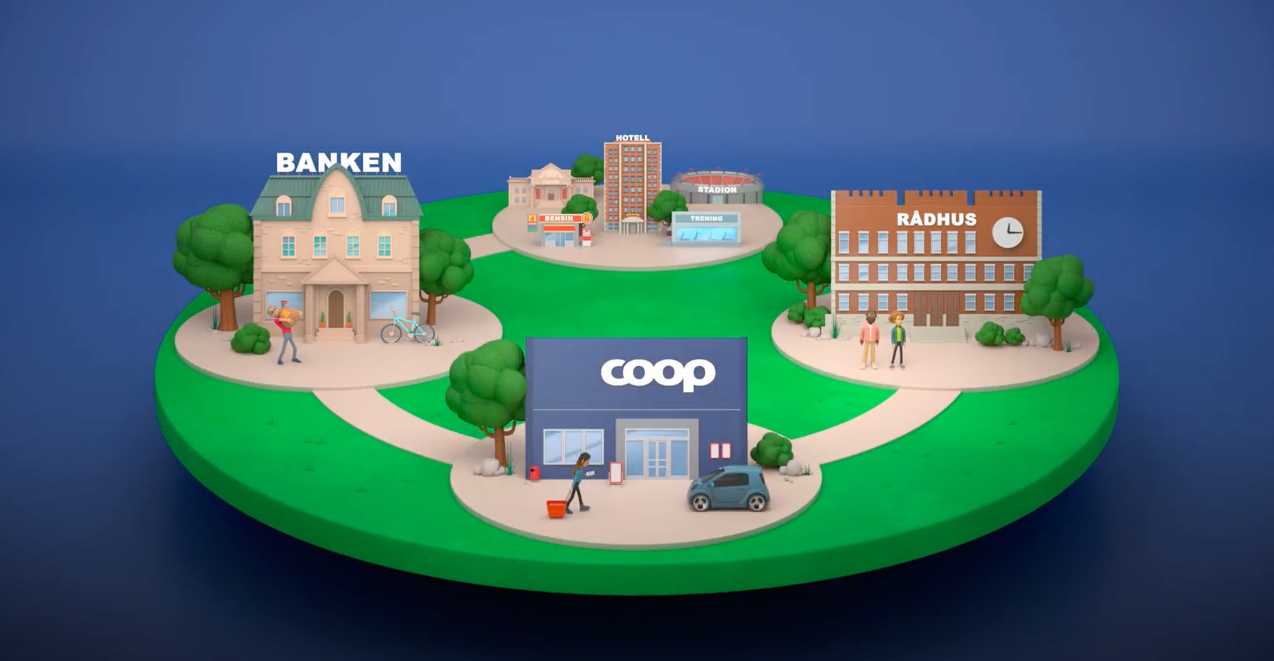 Modellby med blå himmel og grønt dress