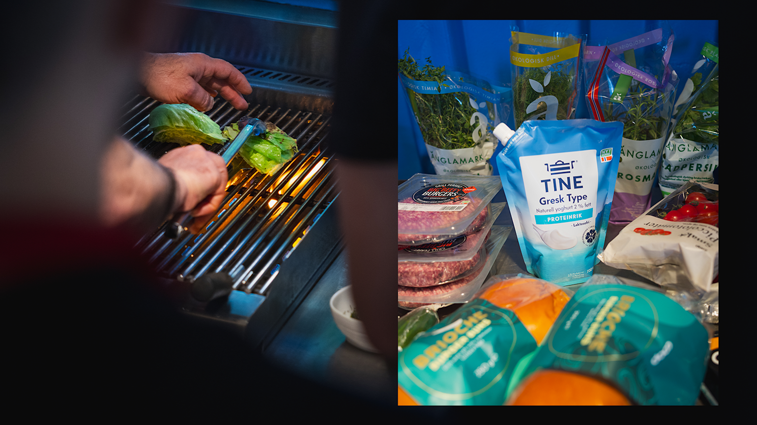 Delt bilde: Hender griller mat på venstre side, kjøleskap med matvarer inkludert yoghurt og burgere på høyre side.