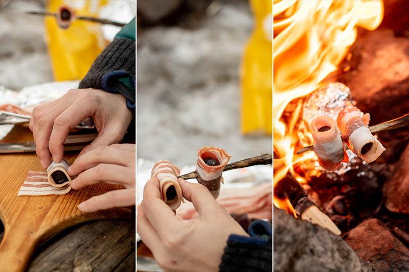 Dadler med bacon - på bålet. Tredelt bilde viser ullgenserkledde armer som tilbereder dadler rullet i bacon over bål.