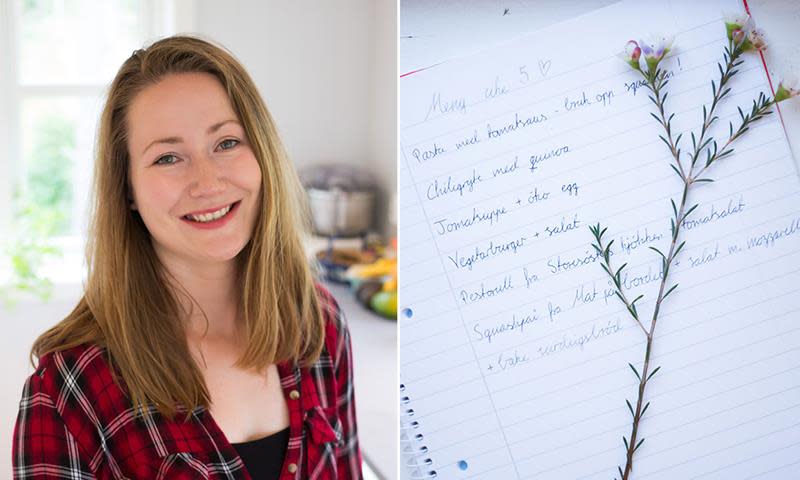 Todelt bilde. Til venstre ernæringsrådgiver Maria Uldahl smiler mot kameraet, og til høyre en liste over middager skrevet på notatblokk.