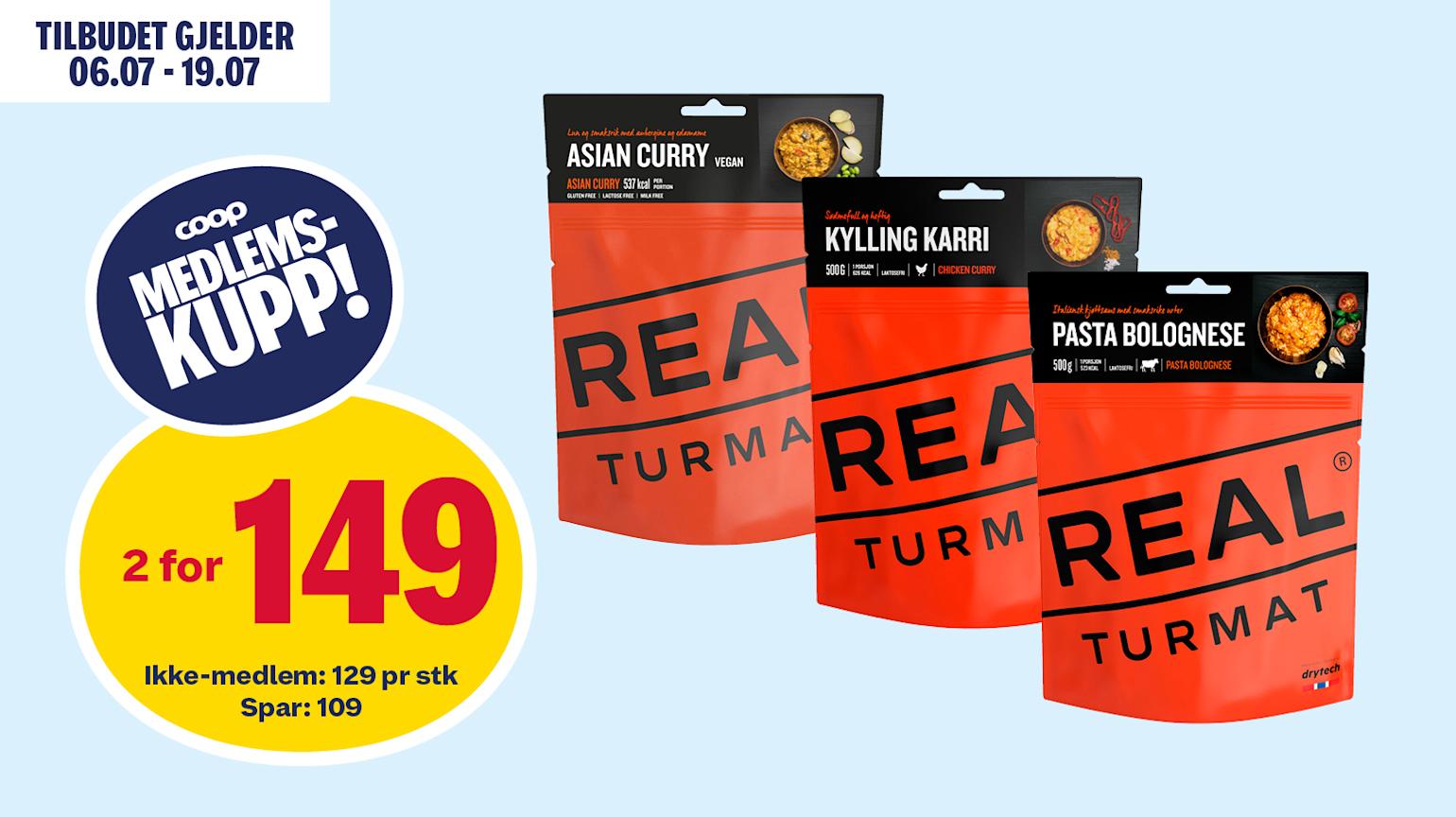 Real turmat kylling karri, pasta bolognese og asiatiske grønnsaker