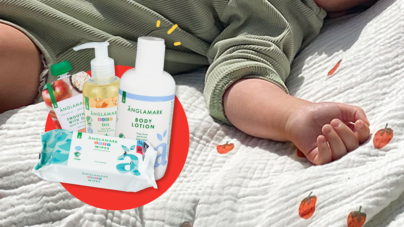 Et barns arm som ligger i sola. Flere änglamark produkter vises på bilde