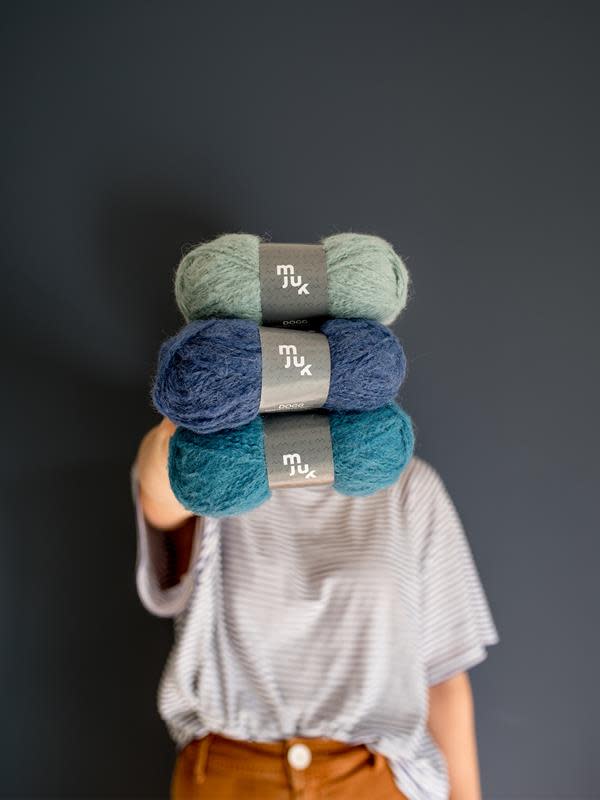 en hånd holder tre garnnøster opp mot kamera