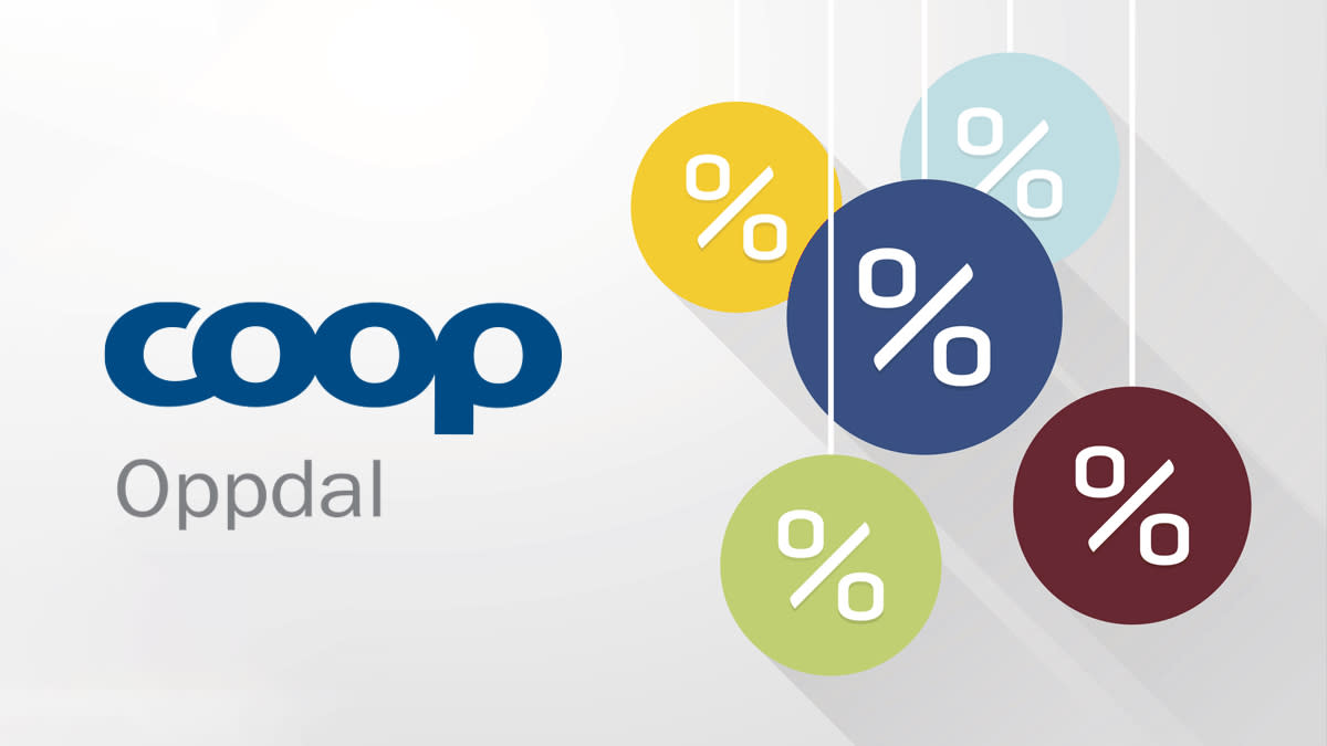 Coop Oppdal logo og illustrasjoner av bobler med prosent-tegnet inni.