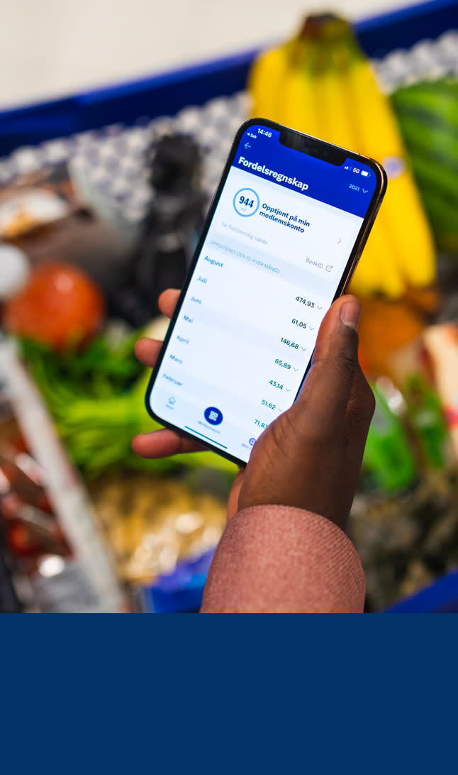 Mann holder mobil og ser på fordelsregnskapet sitt