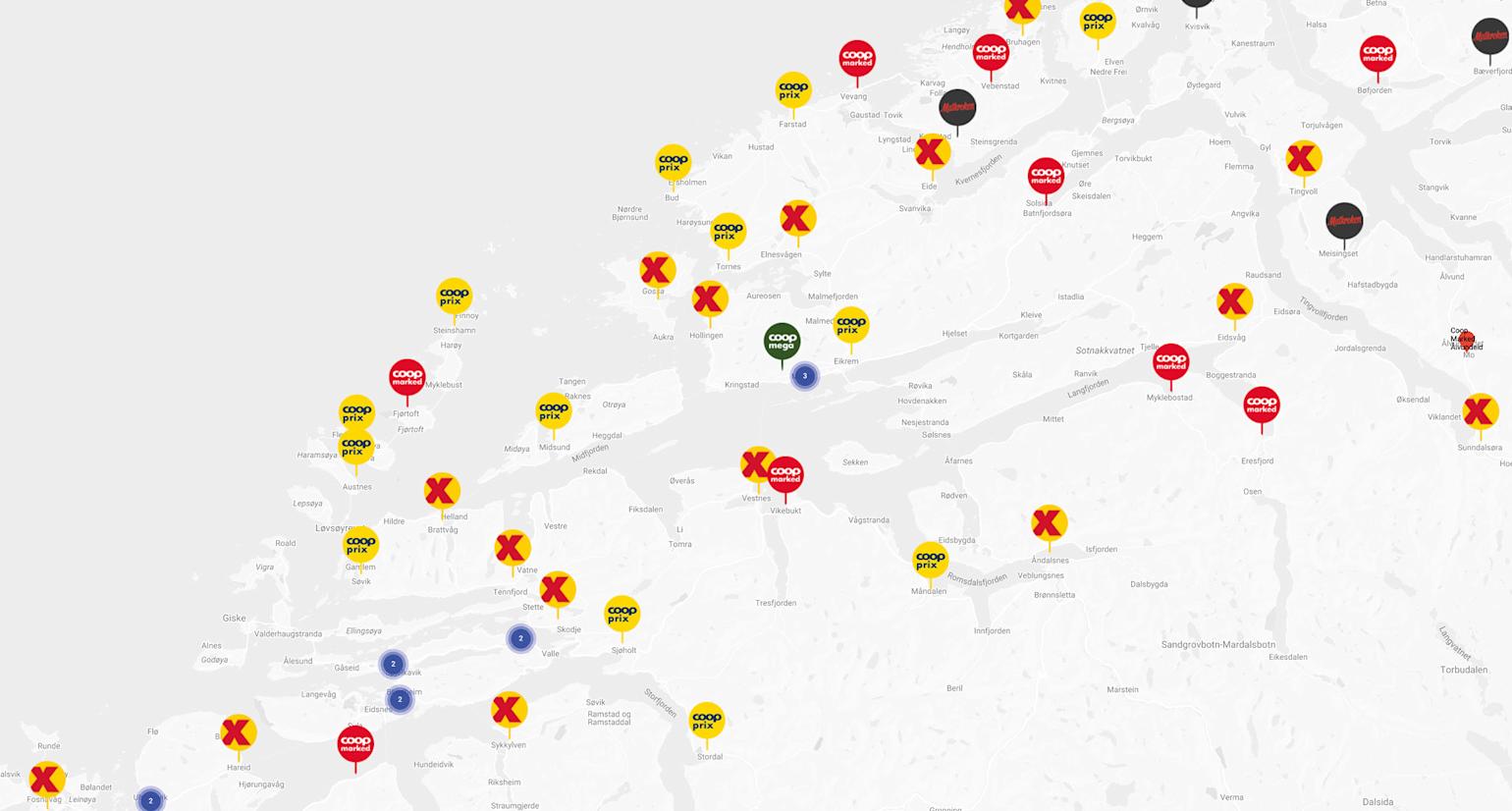 Bilde av kart over Nordvest med pins hvor de ulike Coop butikkene er.