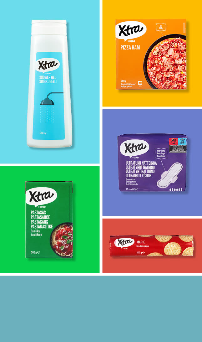 Et utvalg av Xtra-produkter, på fargerike bakgrunner