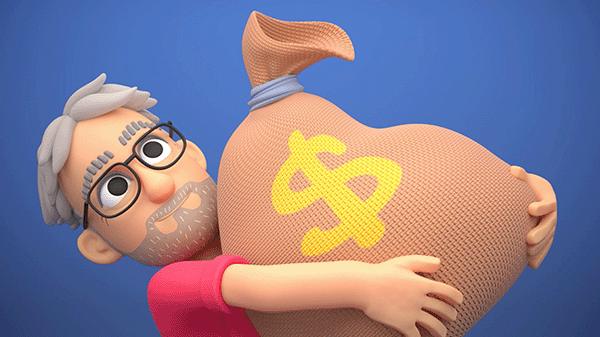 Mannlig tegneseriefigur med grått hår og briller som holder en stor pengesekk med dollartegn på blå bakgrunn