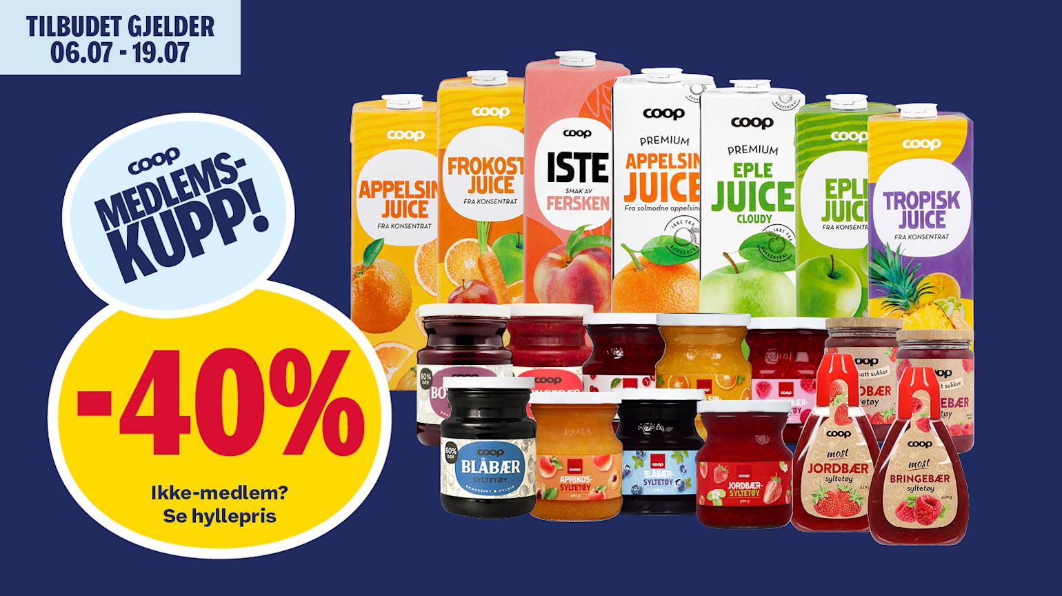Coop syltetøy, juice og iste