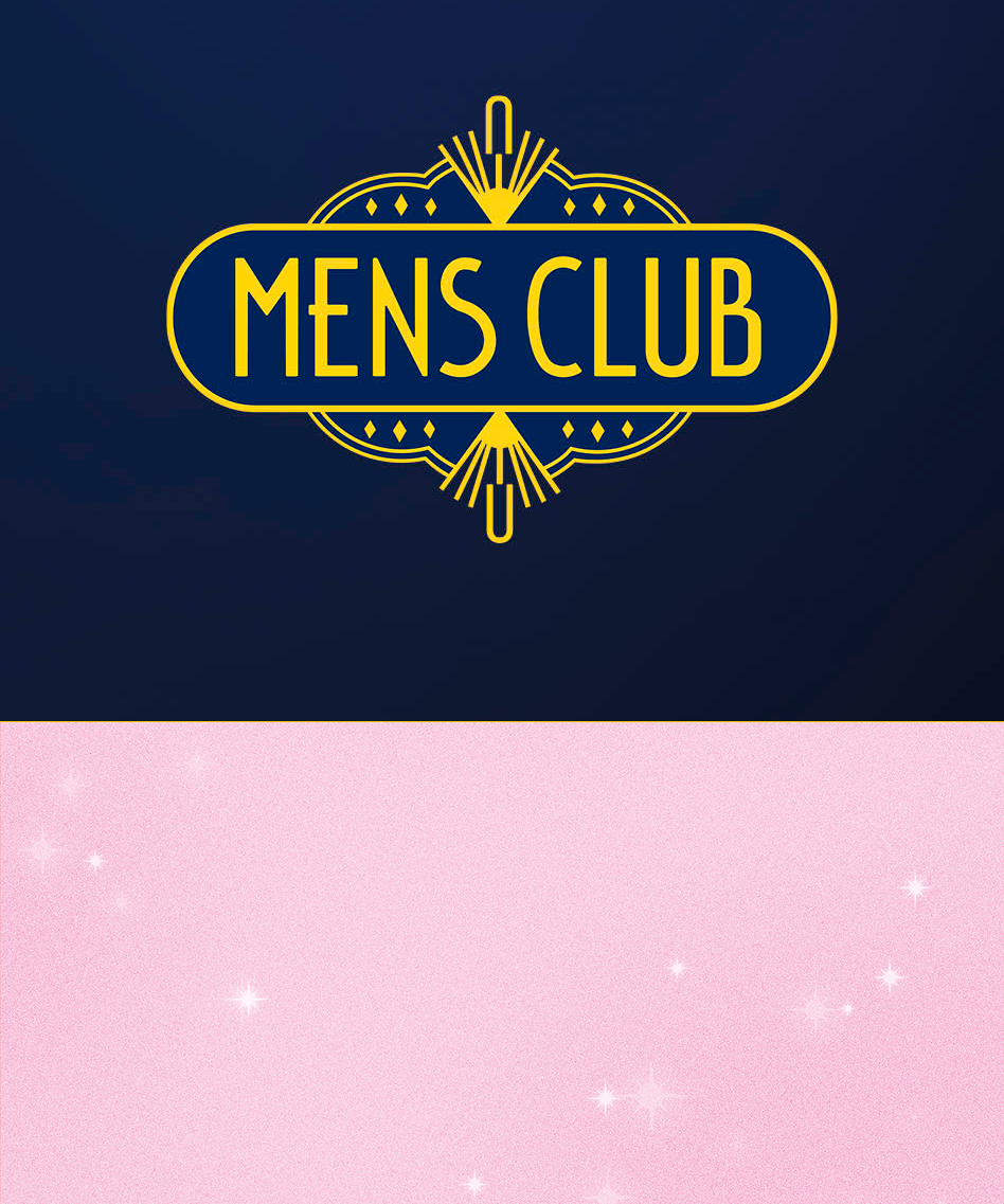 Gul Mens Club-ikon på blå bakgrunn øverst og rosa bakgrunn nederst