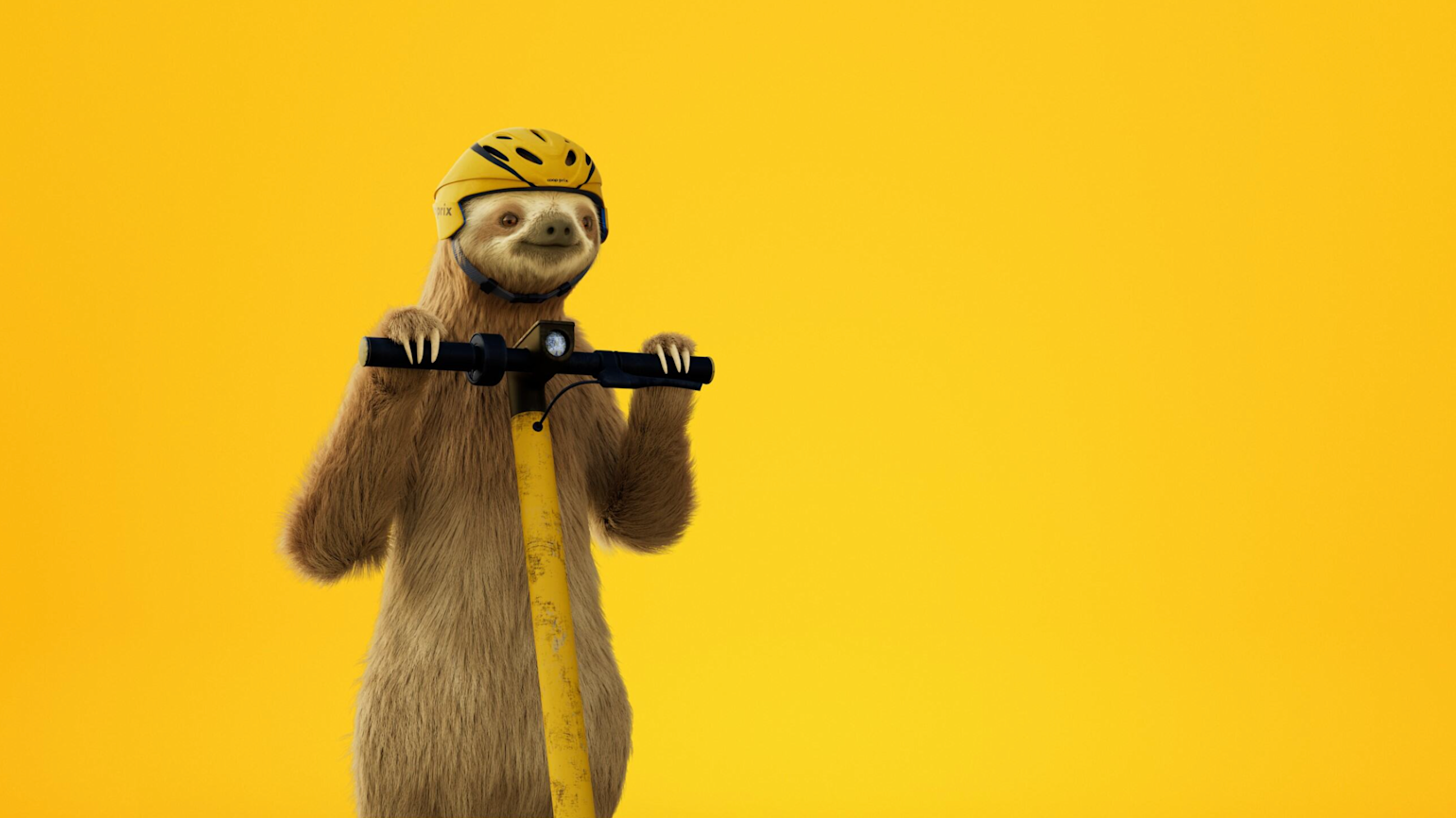 Dovendyret med gul hjelm på sparkesykkel på gul bakgrunn