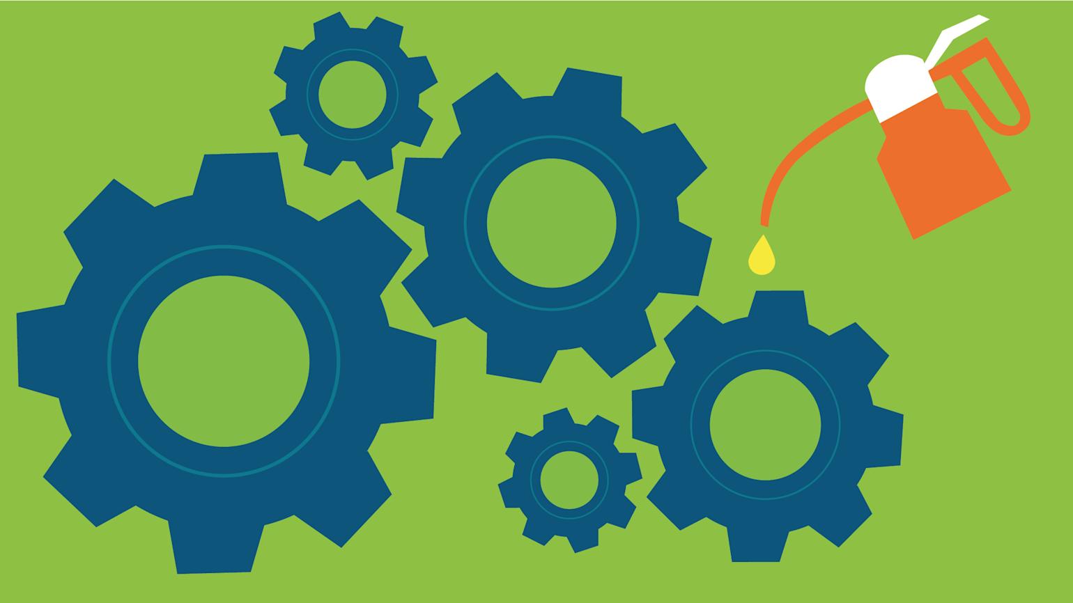 Illustrasjon av mørkeblå tannhjul på grønn bakgrunn med en oransje oljekanne som smører hjulene.