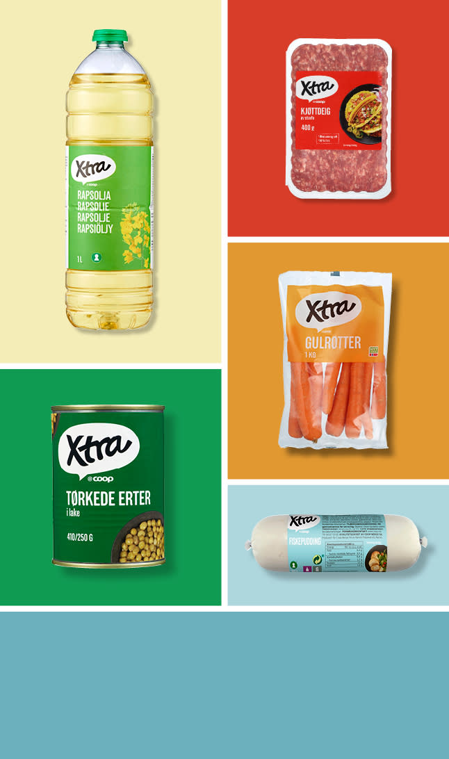 Et utvalg Xtra produkter på fargerike bakgrunner. 