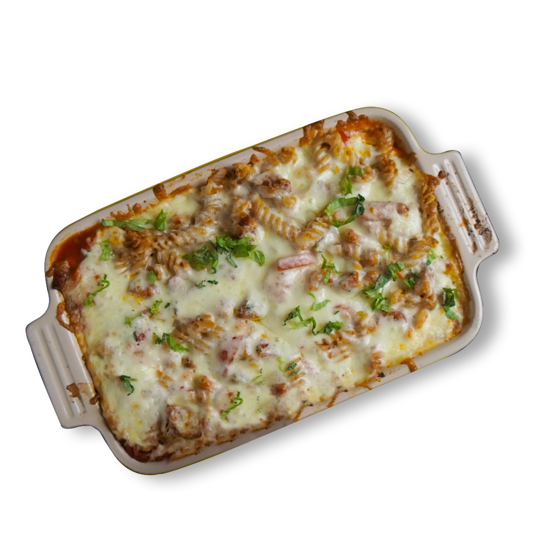 Ovnsbakt pasta med chorizo i en ildfast form