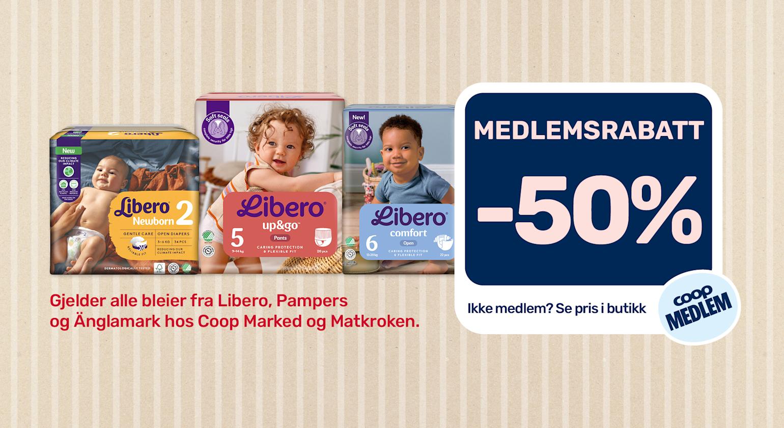 50% medlemsrabatt på bleier hos Coop Marked og Matkroken.