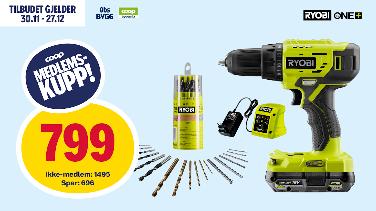 Ryobi R18DD4-1C20GA18 drill inkl. batteri, lader og borsett