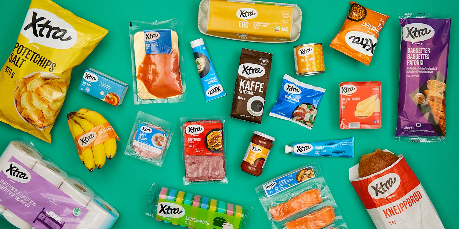 Forskjellige bestselgere fra xtra spret rundt på en blå/grønn bakgrunn