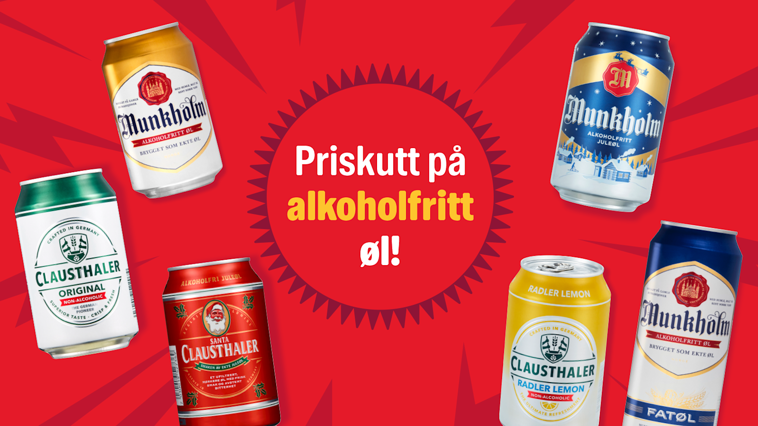 alkoholfri ølbokser på en rød bakgrunn. Tekst som sier "Priskutt på alkoholfritt øl!"