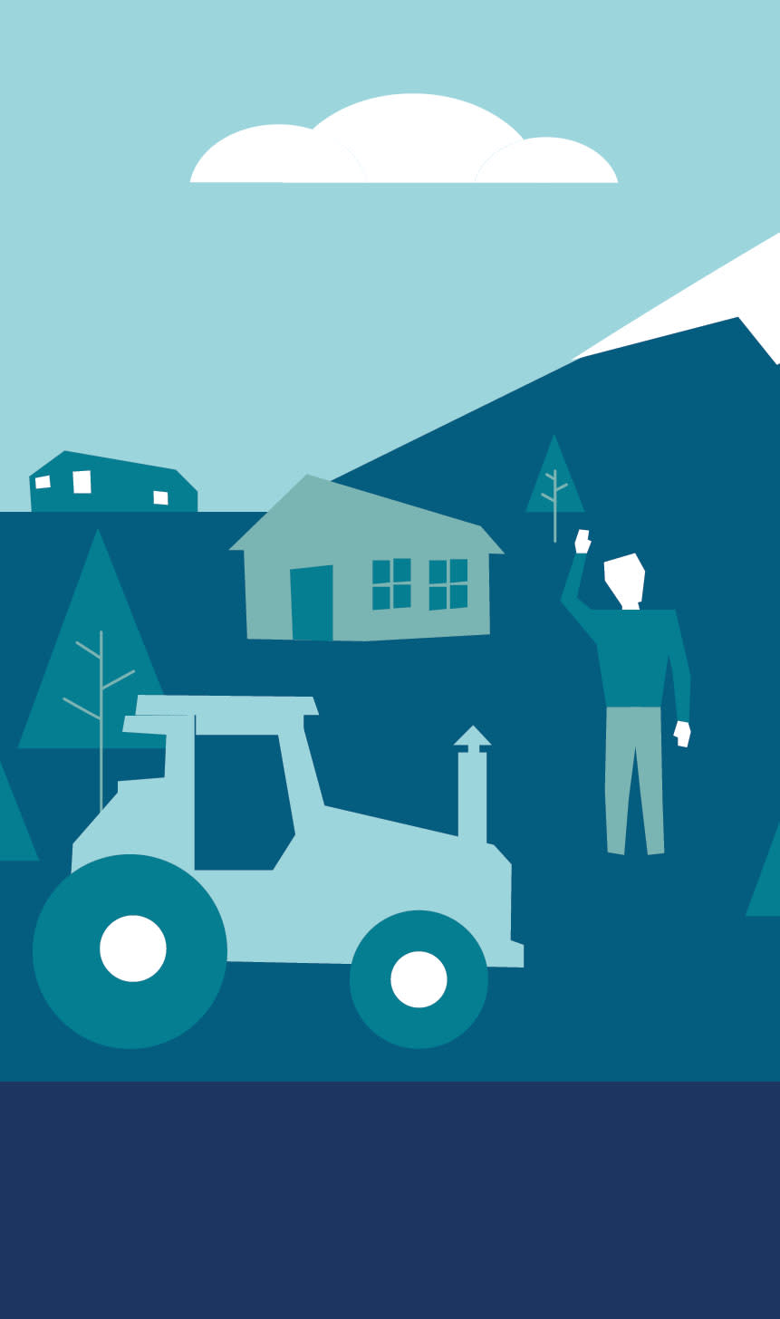 Illustrasjon i blått med to som vinker til hverandre, en traktur, hus, trær og fjell.