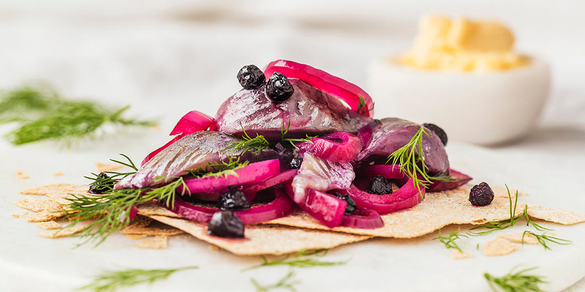 Julesild med blåbær og rødløk servert på flatbrød med masse frisk dill over. I bakgrunnen står en liten hvit skål med smør til flatbrødet.