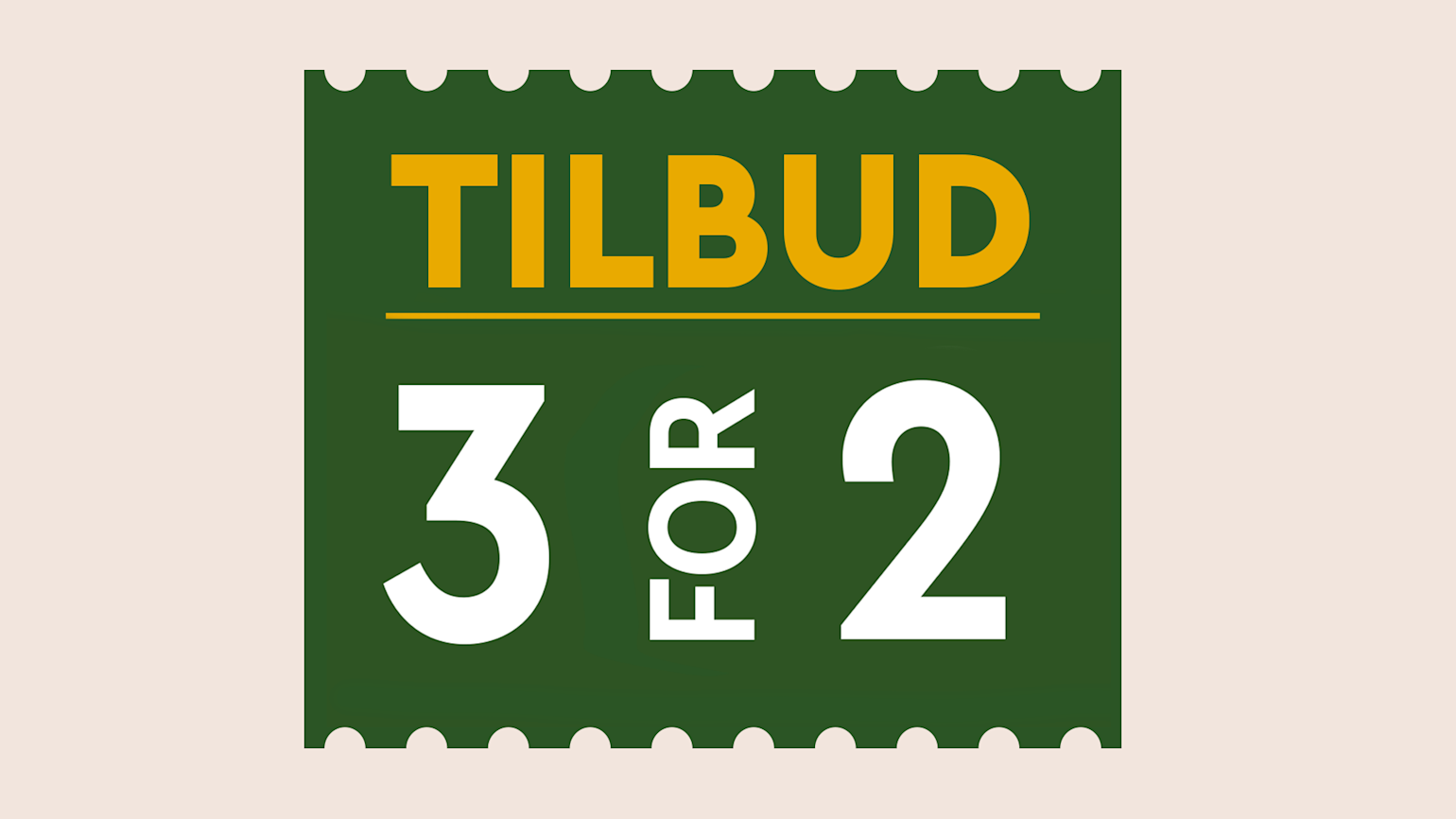 Rødt emblem med faste 3 for 2 tilbud på beige bakgrunn