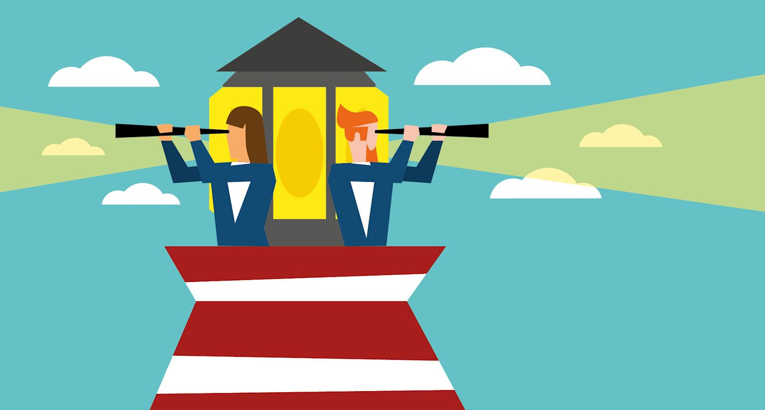 Tegning av mann og kvinne ser i kikkert fra fyrtårn