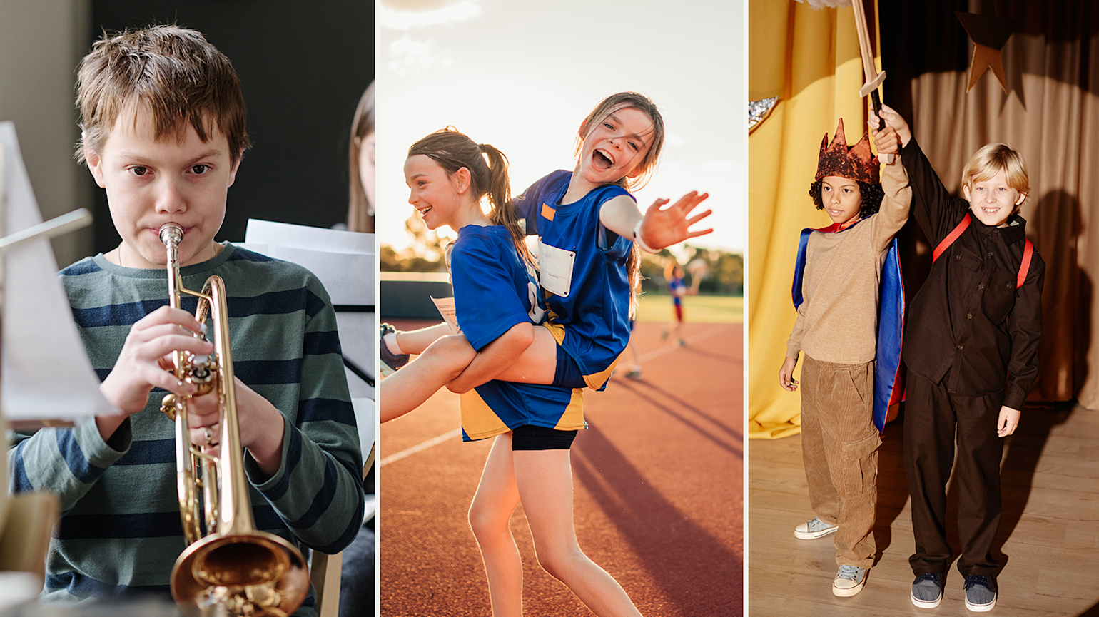 Tre bilder av barn som deltar i ulike skoleaktiviteter: en gutt spiller trompet i musikkundervisning, to jenter har det gøy sammen på en friidrettsbane, og to barn opptrer i kostymer på en teaterscene.