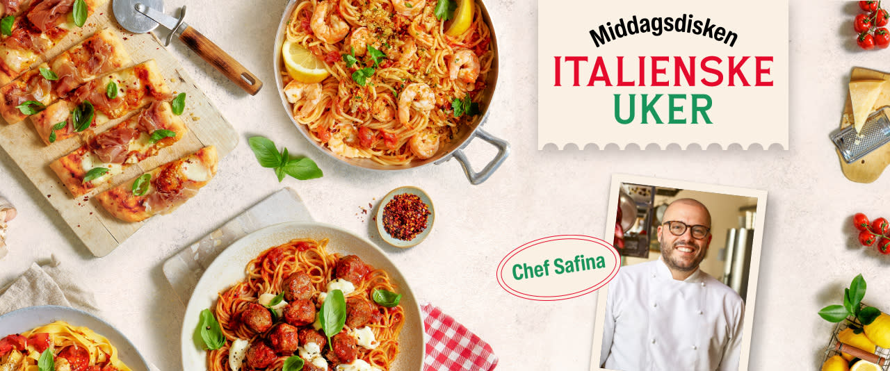 Flere italienske retter på et bord sett ovenfra. "Italienske Uker" logo i topp høyre hjørnet