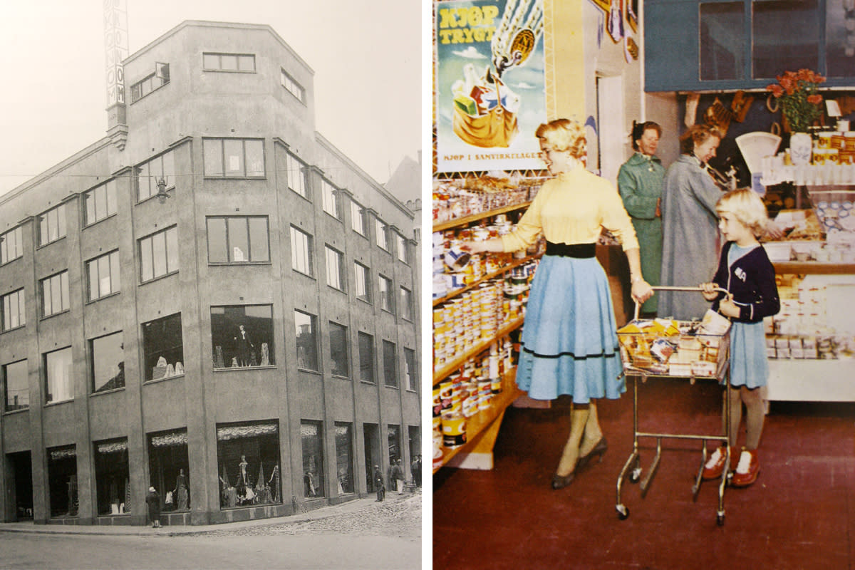 Gammel bilde delt i to. Et gammelt bygg og en mor og datter i en butikk.