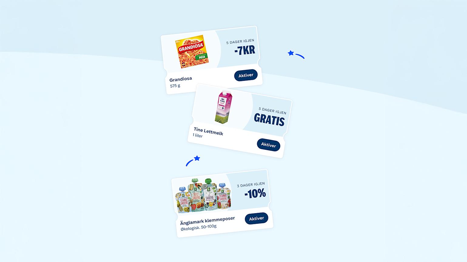 Illustrasjon av Coop kuponger på lyseblå bakgrunn