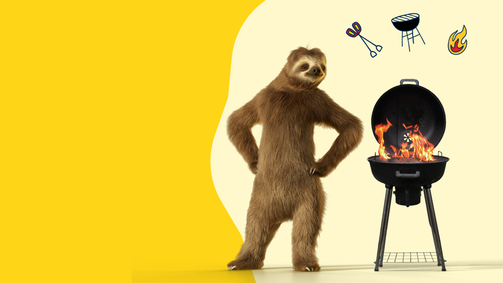 Dovendyret med grill og små grillikoner på gul bakgrunn.