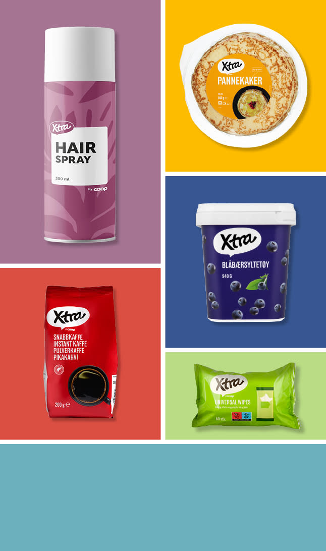 Forskjellige Xtra produkter på fargerike bakgrunner.